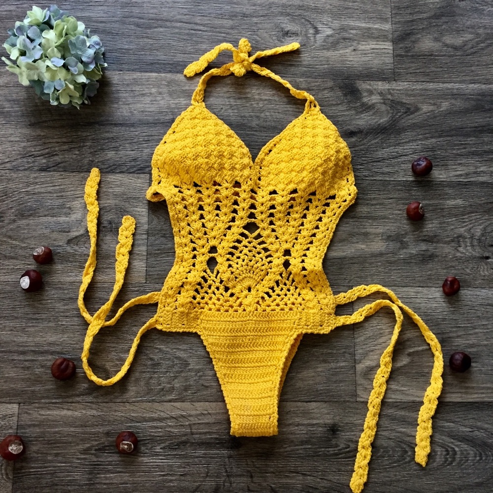 Crochet halter top 1 piece rave bodysuit swimming macrame bohemian crocheted